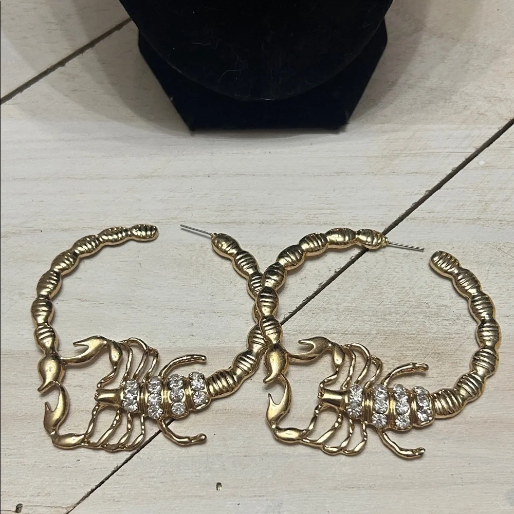 4” OversizedGold Tone Scorpion Hoop Earrings w/ Rhinestones – Zodiac / Statement
